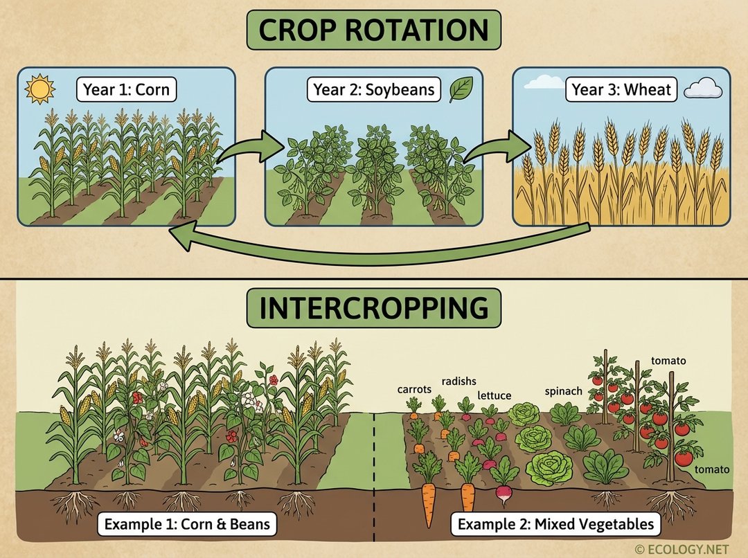 Illustrative diagram showing crop rotation over years and intercropping with different plants together.