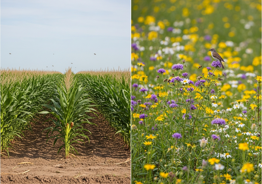 A split-screen panoramic view: the left shows a barren monoculture cornfield devoid of insects or birds; the right depicts an adjacent patch of flowering wildflowers teeming with bees and a bird, illustrating the loss of biodiversity in monoculture versus a biodiverse area.