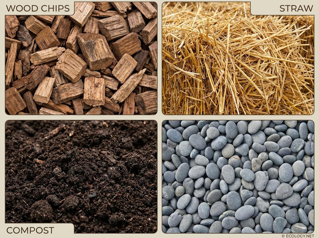 Collage showing four common mulch types: wood chips, straw, compost, and gravel.