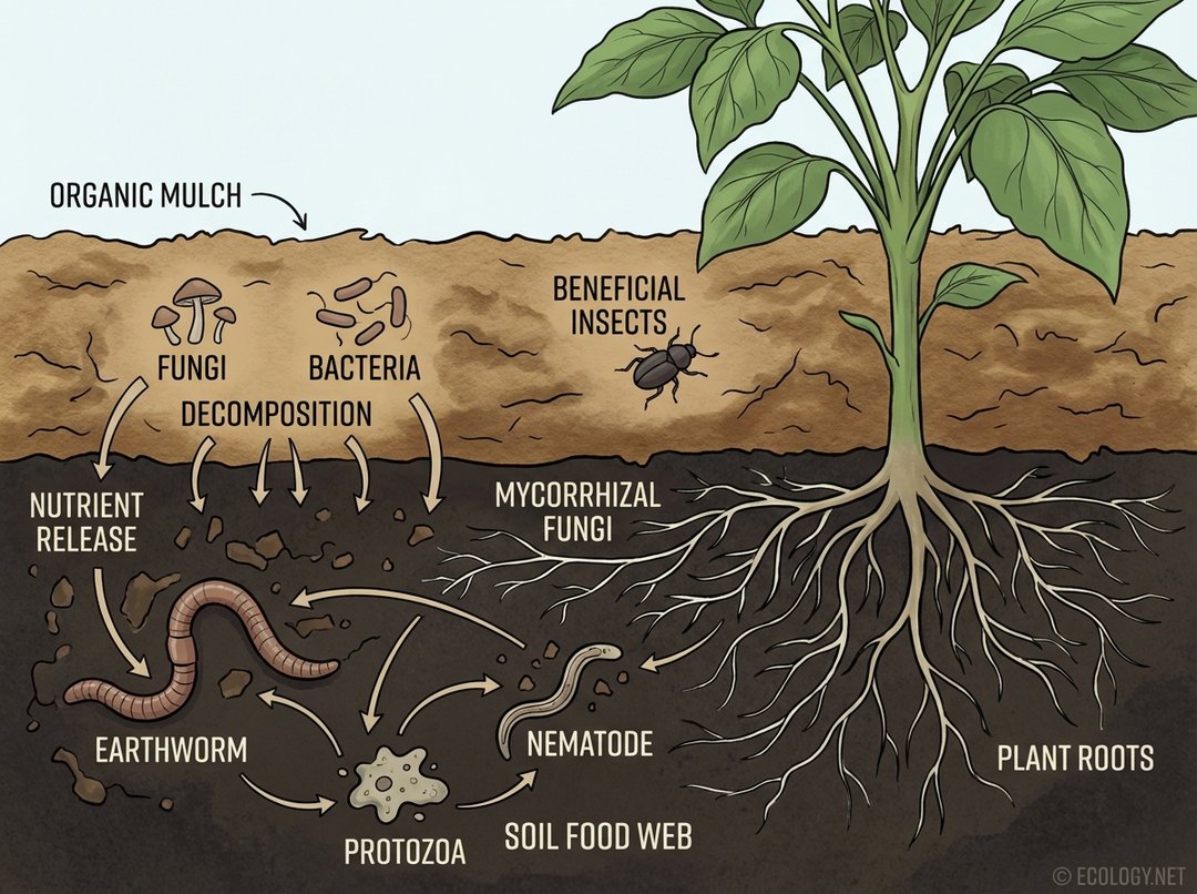 Diagram showing the ecological impact of organic mulch, depicting decomposition, soil food web, mycorrhizal fungi, and beneficial insects.
