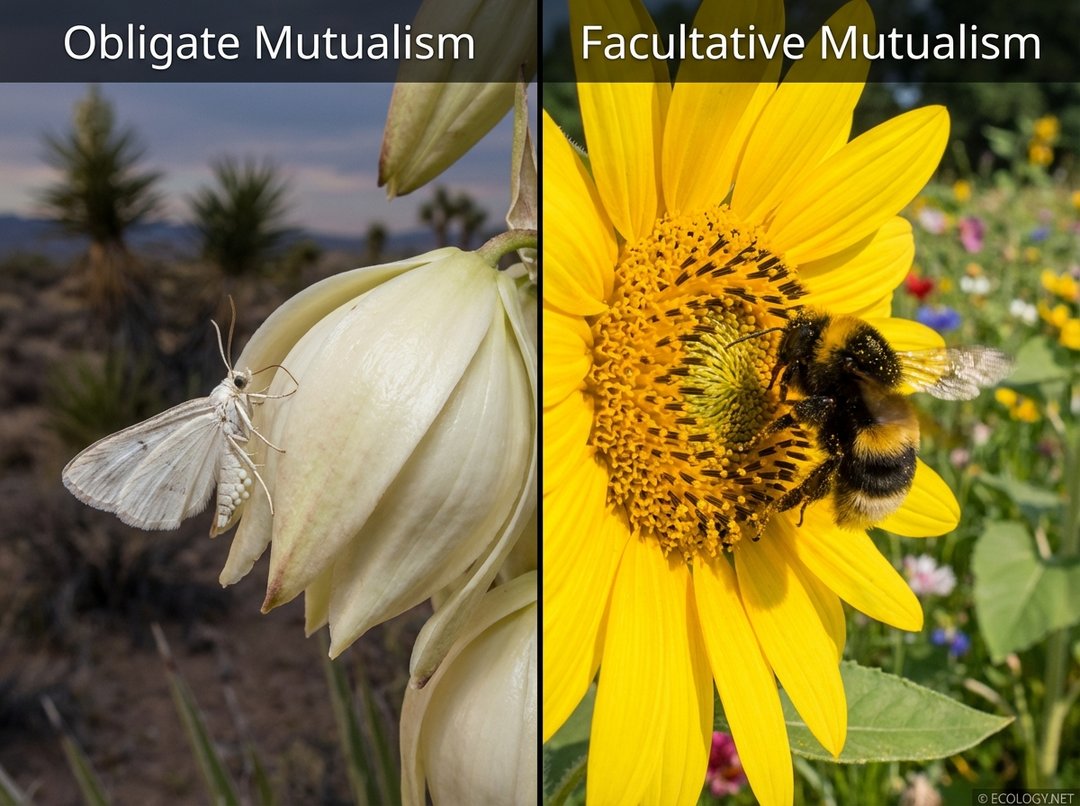 Split image showing obligate mutualism (yucca moth and flower) and facultative mutualism (bee pollinating a sunflower).
