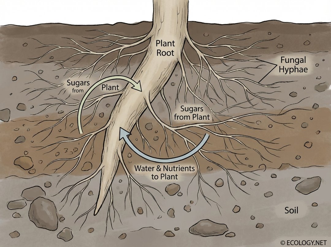 Diagram illustrating the mycorrhizal partnership between a plant root and fungal hyphae, showing nutrient and sugar exchange.