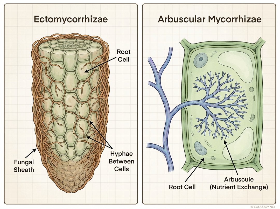 Comparative diagram showing structural differences between Ectomycorrhizae with a fungal sheath and Arbuscular Mycorrhizae with internal arbuscules.