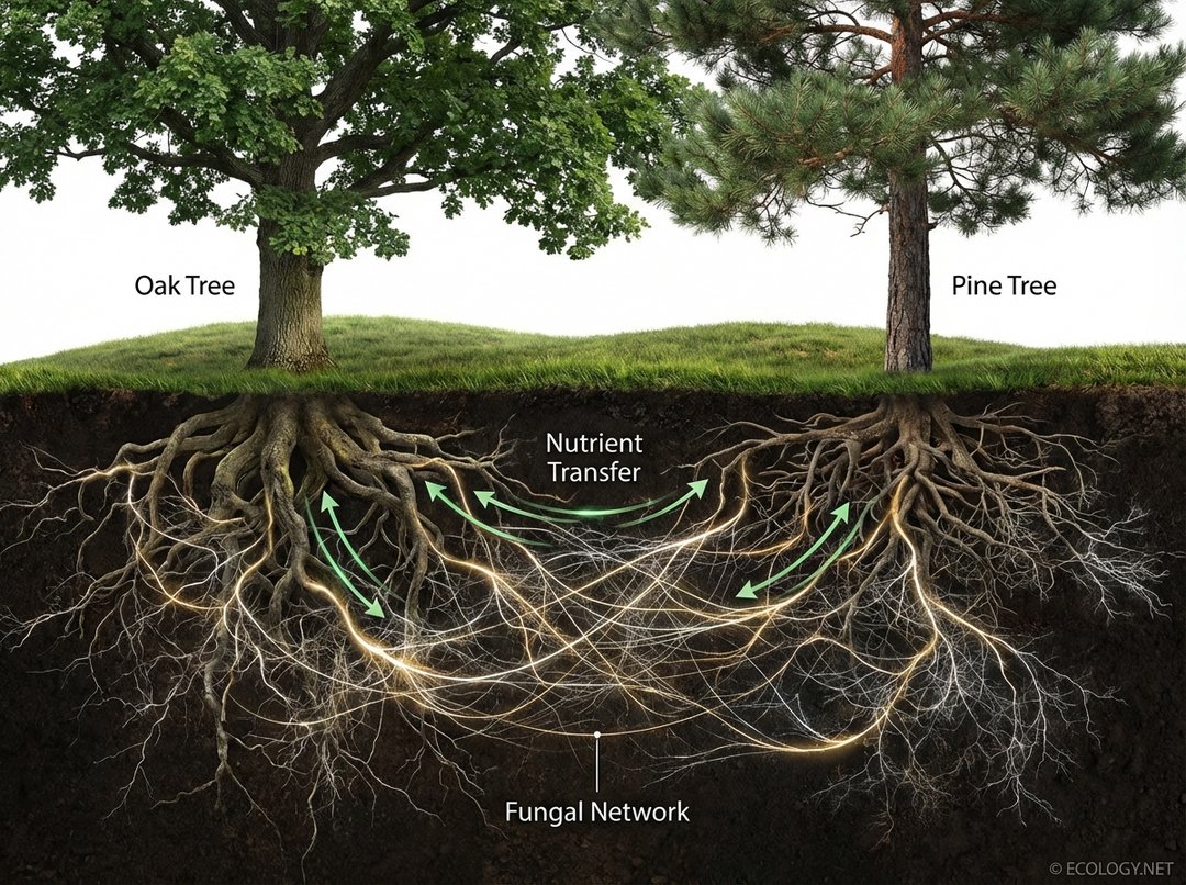 Illustration of the 'Wood Wide Web' showing an underground fungal network connecting roots of different trees for nutrient transfer.
