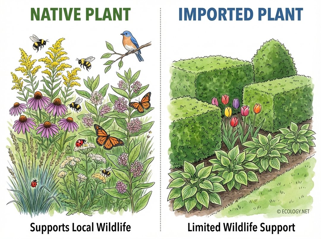 Diagram comparing a biodiverse native plant garden teeming with wildlife to an imported plant garden with limited ecological support.
