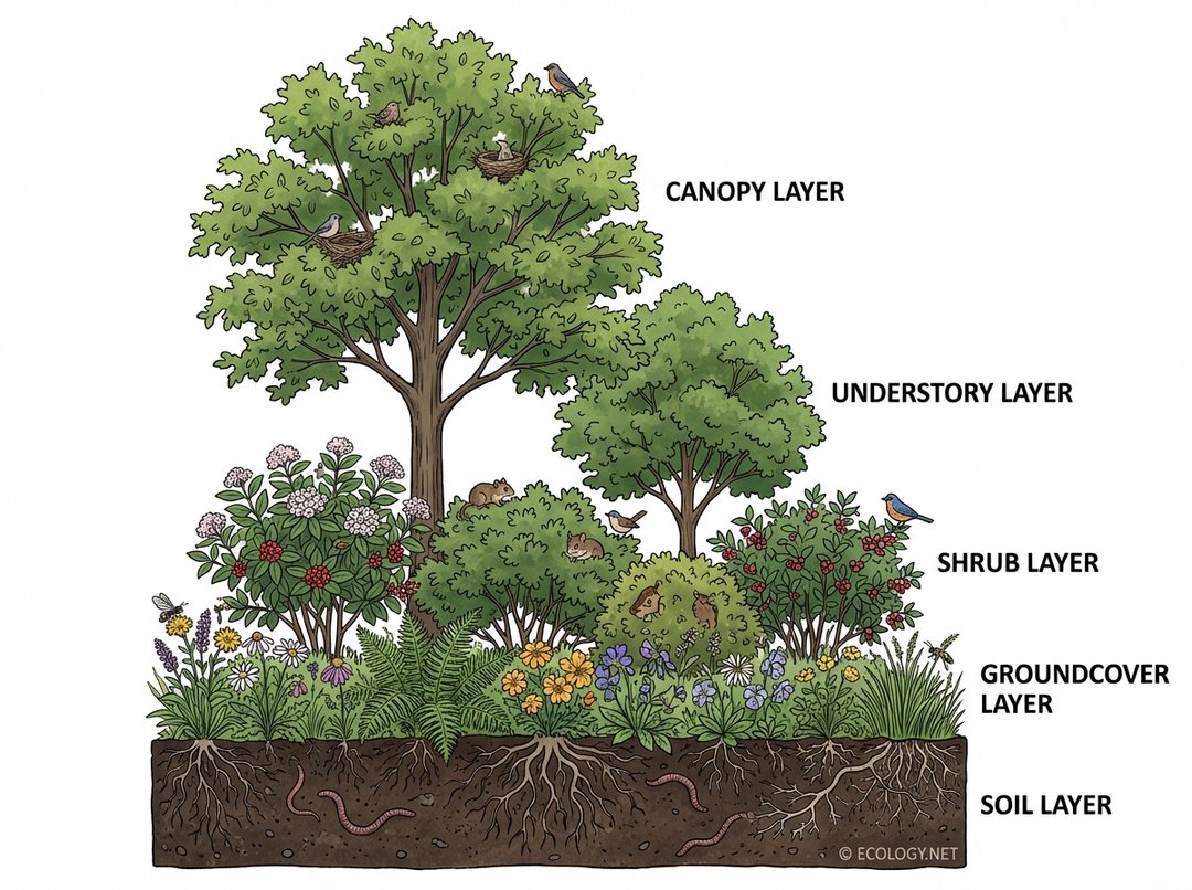 Cross-section diagram illustrating multiple habitat layers in a native garden, from canopy to soil, supporting diverse wildlife.