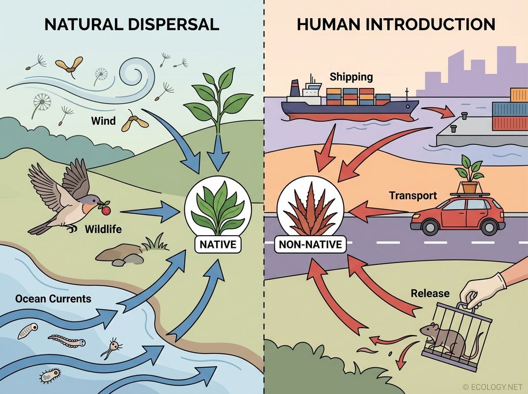 Diagram showing natural dispersal of species (wind, birds, ocean) versus human introduction (ship, car, hand).