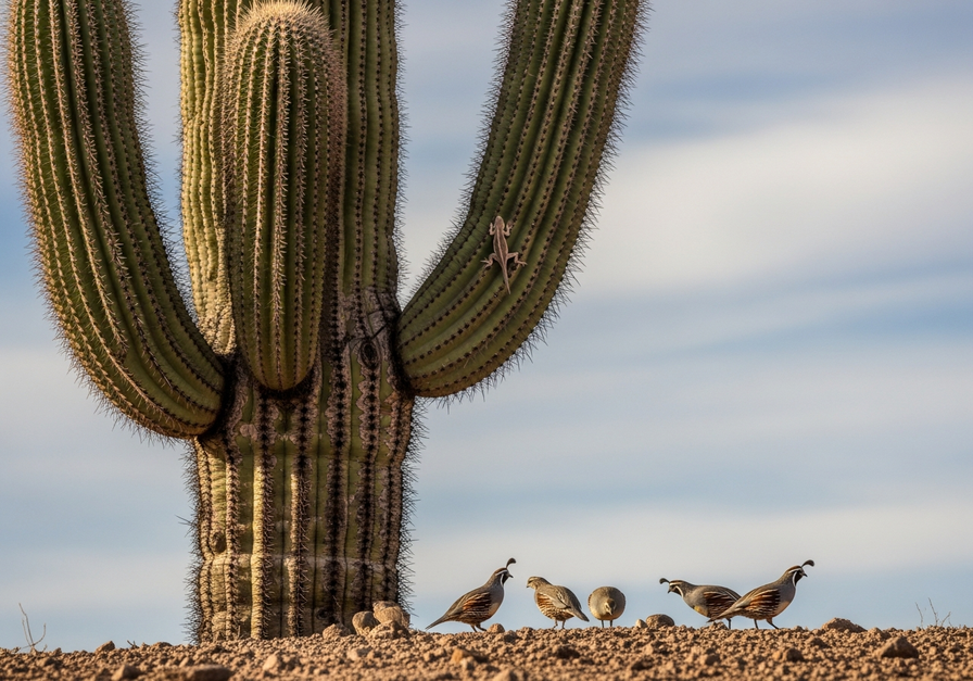 Saguaro cactus with lizard and quail in Sonoran Desert, illustrating native species.