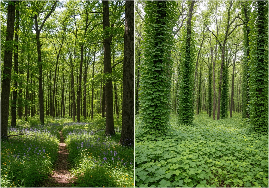 Split-screen view showing a healthy native forest versus the same area overrun by kudzu vines.