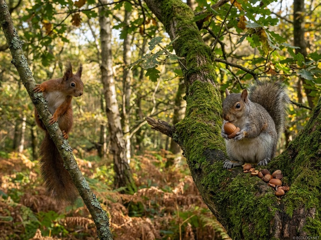 Photo of a native red squirrel and an invasive gray squirrel in a forest, depicting competition.