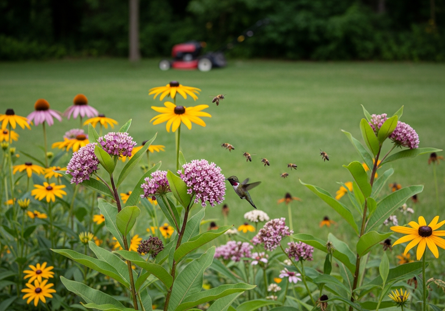Suburban garden with native wildflowers attracting a hummingbird and bees, contrasting with a lawn.