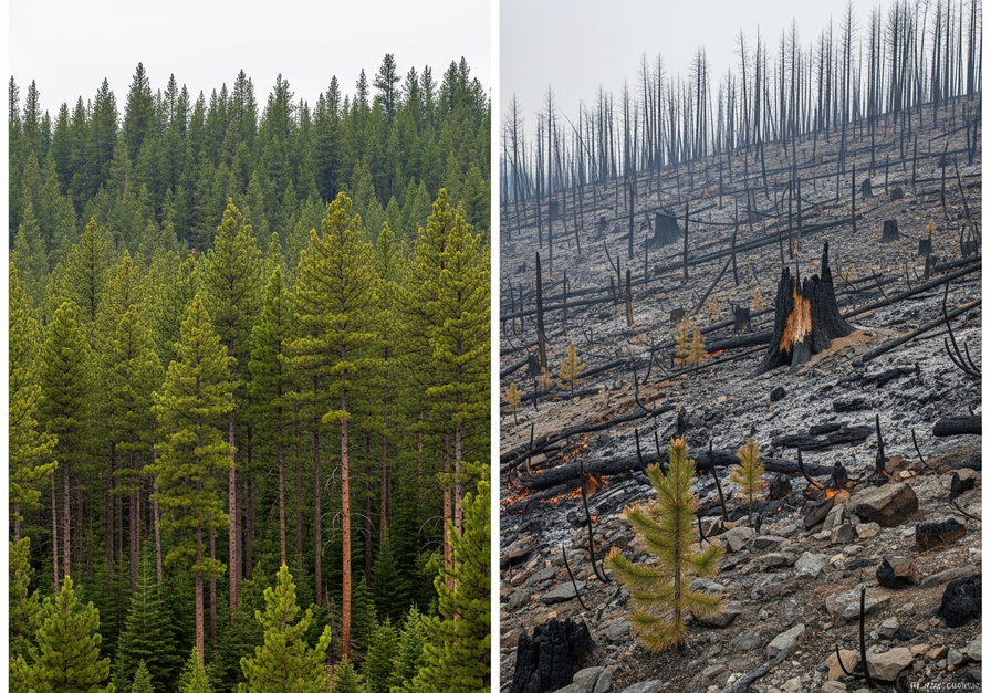 Split-screen image showing a dense lodgepole pine forest before a wildfire on the left and the same area months later with charred stumps, glowing embers, and new pine seedlings on the right.