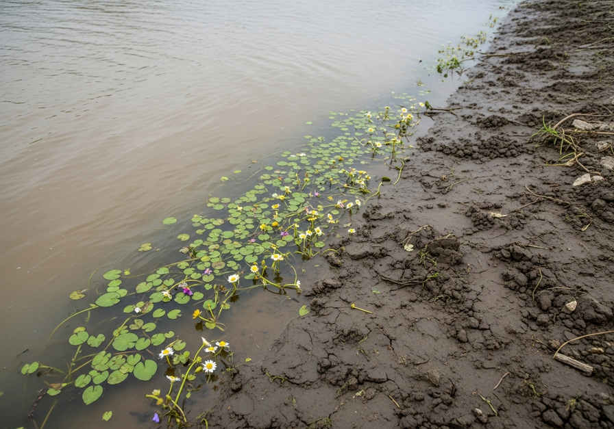 Wide-angle photograph of a river floodplain immediately after an annual flood, showing water lapping against mud-laden banks with floating wildflowers and sediment deposits.