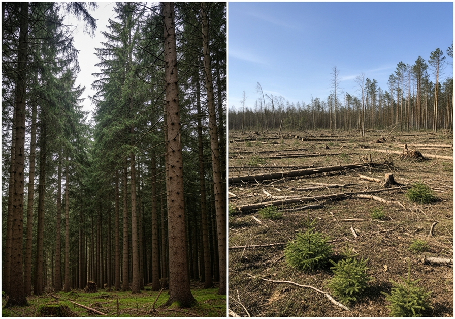 Split-screen image showing a pristine old-growth forest on the left and a windstorm-affected patch with downed trees, canopy gaps, and pioneer seedlings on the right.