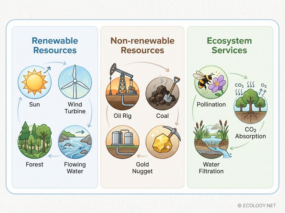 Diagram illustrating categories of natural resources: Renewable (sun, wind, forest), Non-renewable (oil, coal, gold), and Ecosystem Services (pollination, water filtration, carbon absorption).
