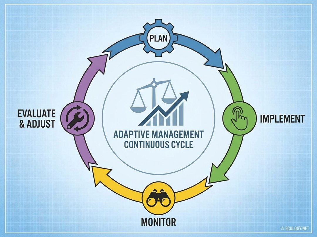 Diagram showing the Adaptive Management Cycle with stages: Plan, Implement, Monitor, and Evaluate & Adjust.