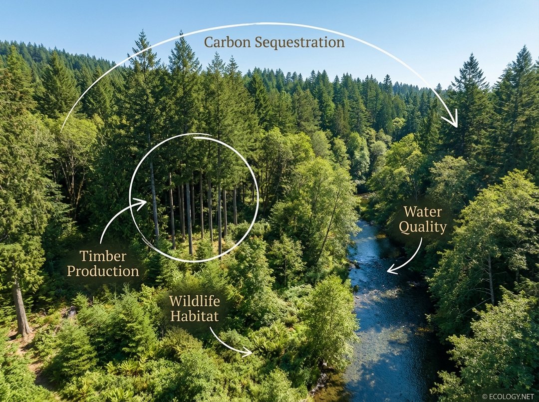 Photo of a sustainably managed forest with callouts for Timber Production, Wildlife Habitat, Water Quality, and Carbon Sequestration.