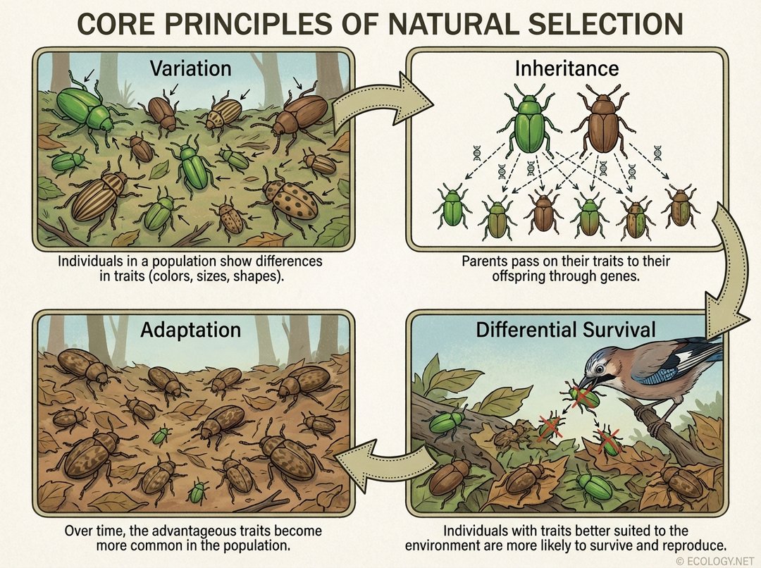 Diagram illustrating the four principles of natural selection: variation, inheritance, differential survival, and adaptation.