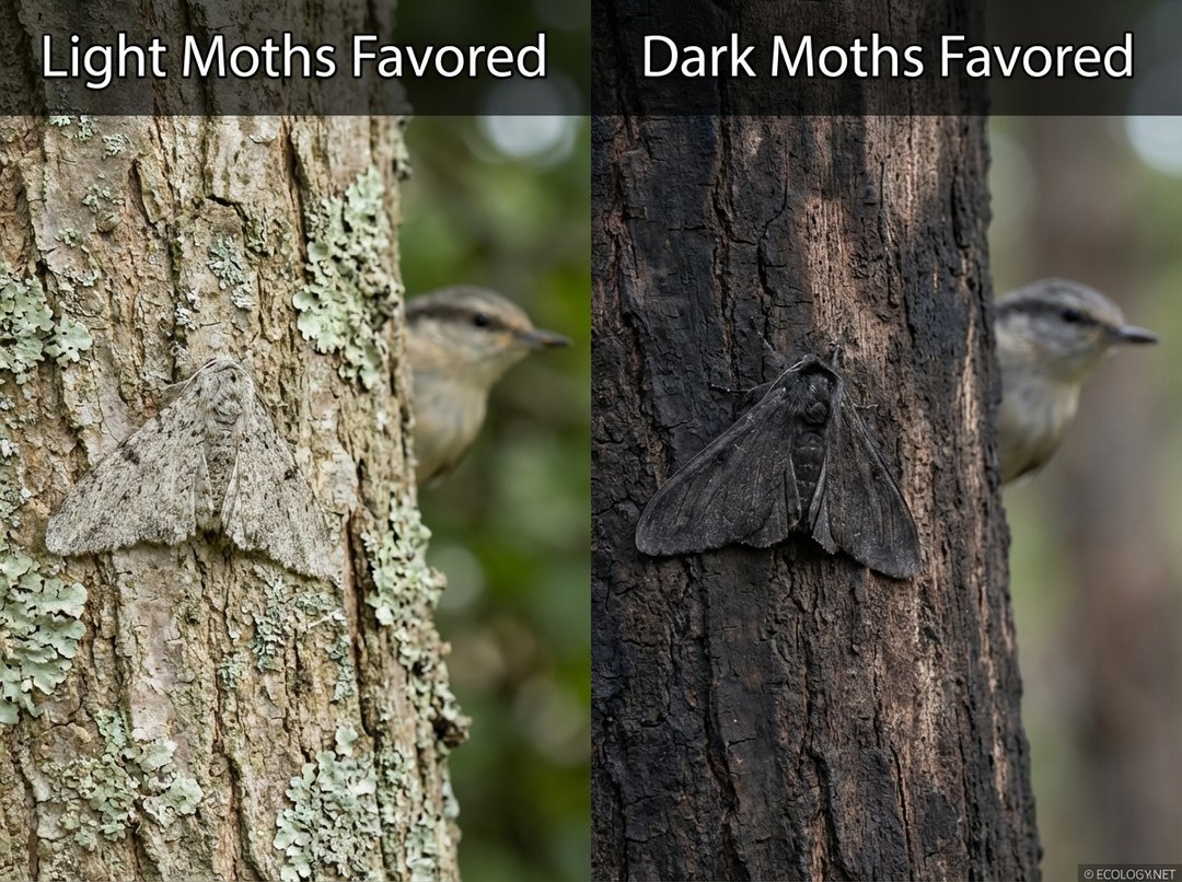Split image showing light peppered moth on light tree and dark peppered moth on dark tree, demonstrating camouflage.
