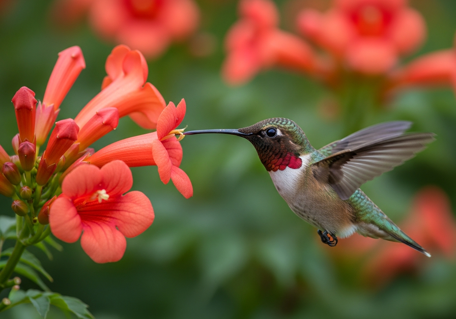 Ruby-throated hummingbird feeding on a scarlet trumpet flower, showing its extended, forked tongue.