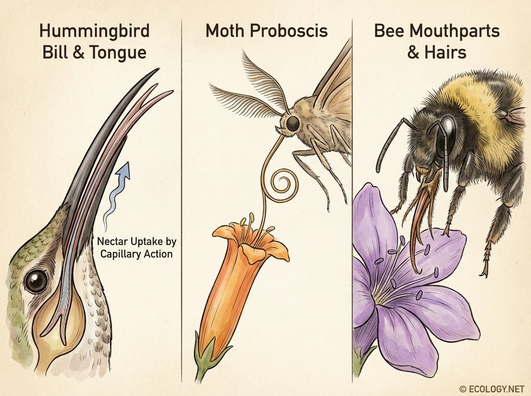 Diagram illustrating specialized bills, tongues, and proboscises of nectarivores.