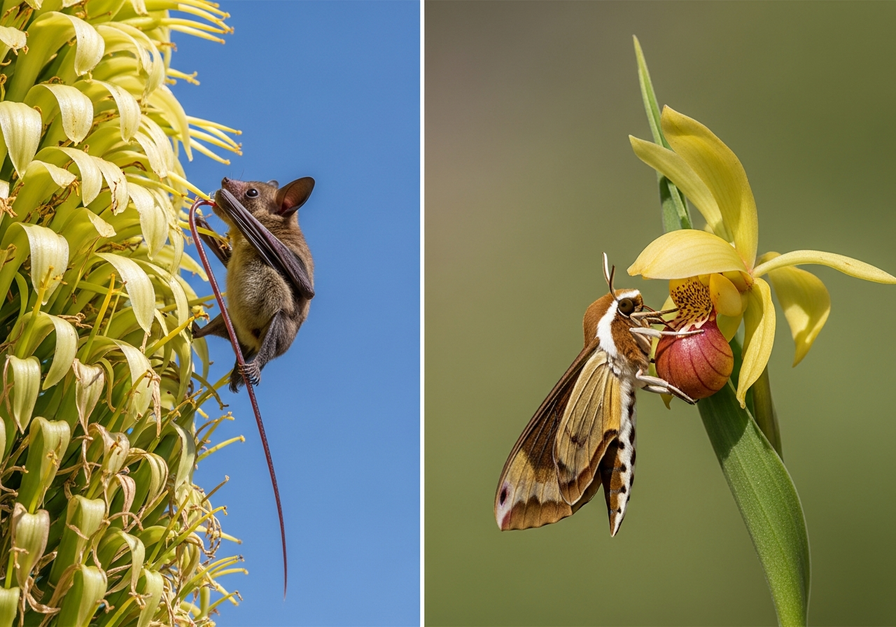 Split-screen image showing a nectar bat feeding on an agave flower and a sphinx moth on a Darwin's orchid, illustrating coevolution.