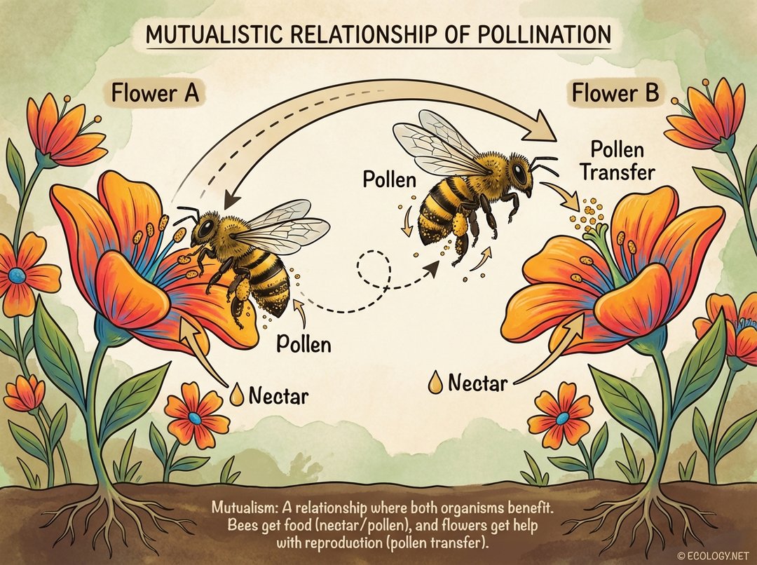 Diagram explaining how a bee transfers pollen between flowers during nectar feeding.