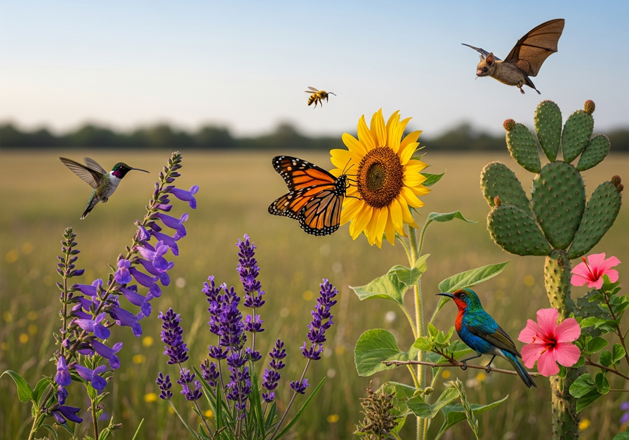 Diverse nectarivores including a hummingbird, monarch butterfly, bee, sunbird, and nectar bat in a vibrant meadow.