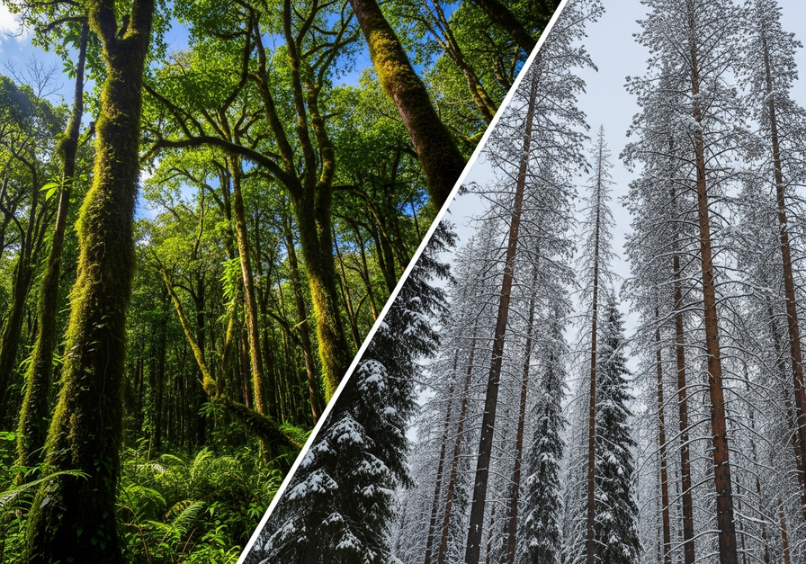 Split-screen image showing a lush tropical rainforest on the left and a conifer boreal forest with snow on the right, contrasting their Net Ecosystem Productivity.