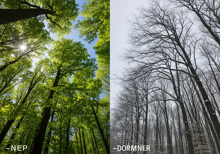 Split-screen image showing a temperate deciduous forest in vibrant spring on the left and bare winter branches on the right, illustrating seasonal changes in Net Ecosystem Productivity.