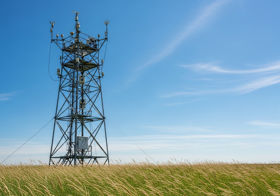 An eddy covariance tower equipped with sensors stands in a grassy field under a blue sky, used for measuring Net Ecosystem Productivity.