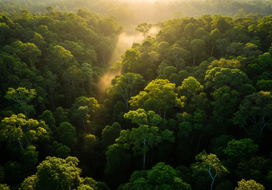 High-angle drone shot of a dense tropical rainforest canopy with golden sunlight, illustrating high net primary productivity.