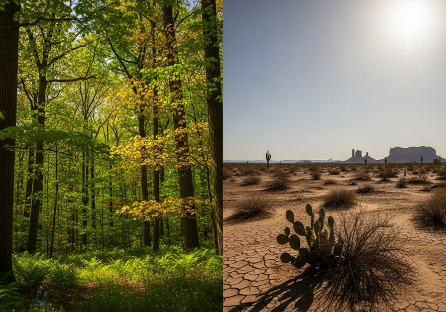 Split-screen image contrasting a lush temperate forest with a sparse desert, showing high and low net primary productivity.