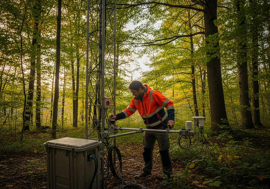 Researcher adjusting sensors on an eddy covariance tower in a temperate forest, demonstrating NPP measurement.