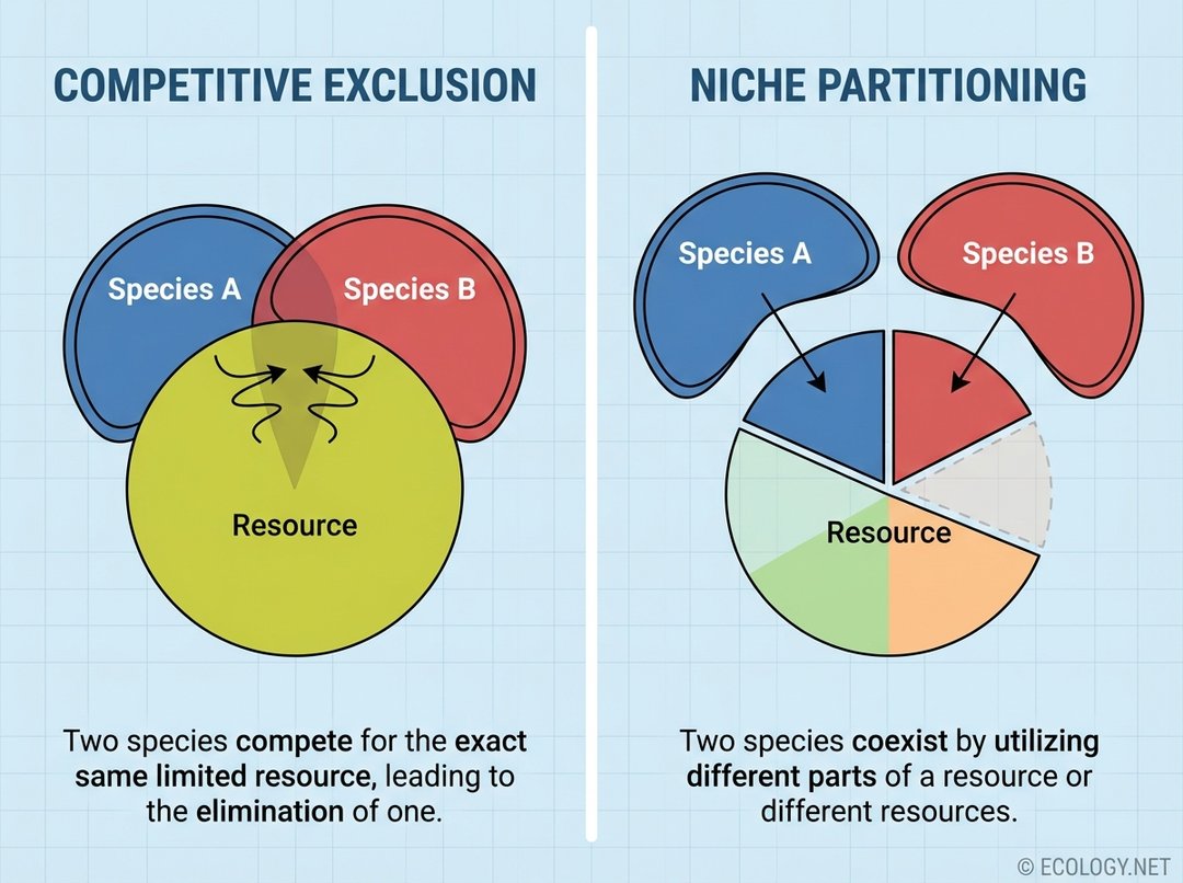 Diagram illustrating competitive exclusion where species overlap for resources versus niche partitioning where species divide resources.