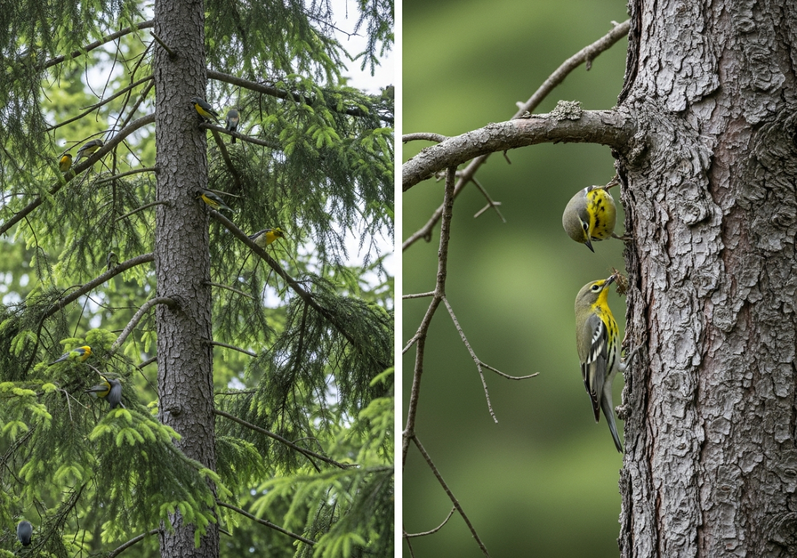 Split-screen image showing warblers foraging in different vertical zones of a tree, illustrating spatial partitioning.