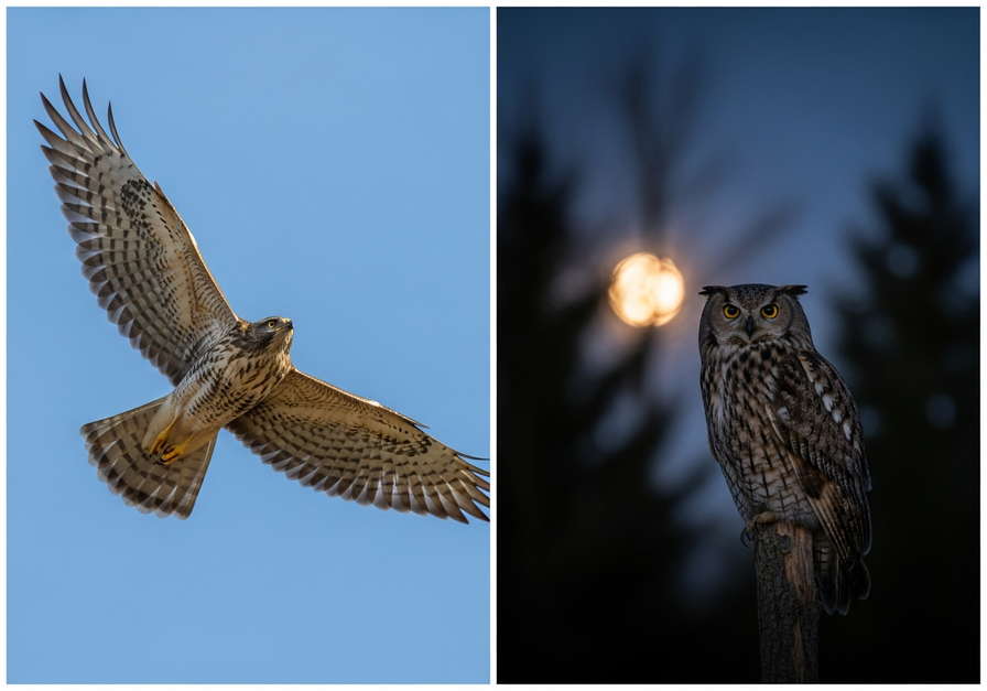 Split-screen image contrasting a diurnal hawk and a nocturnal owl, showcasing temporal niche partitioning.