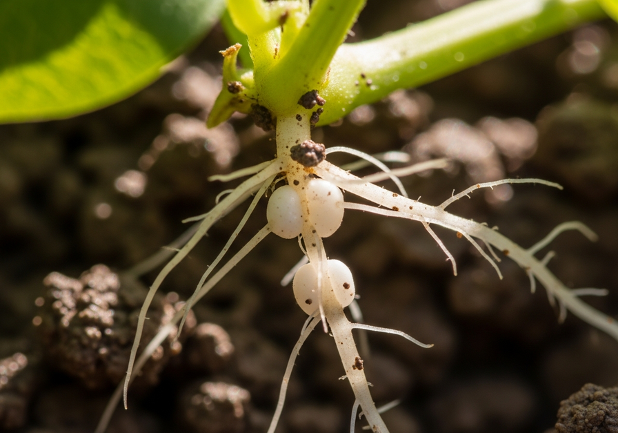 Close-up of bean roots with visible white nitrogen-fixing nodules.
