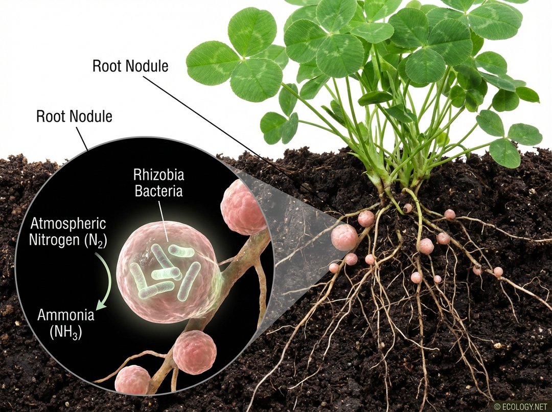 Close-up of legume roots showing spherical root nodules containing nitrogen-fixing Rhizobia bacteria.