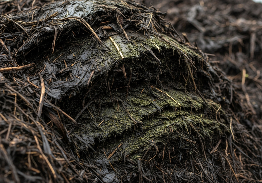 Macro photograph of a dark, moist compost pile showing decomposing plant material.