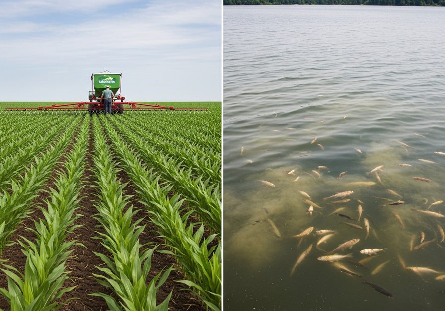 Split-screen image showing a farmer spraying fertilizer on a cornfield and a nearby lake with an algal bloom and dead fish.