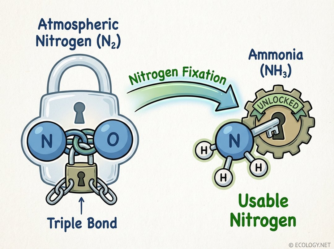 Diagram illustrating nitrogen fixation, showing atmospheric nitrogen (N2) with a triple bond transforming into usable ammonia (NH3).