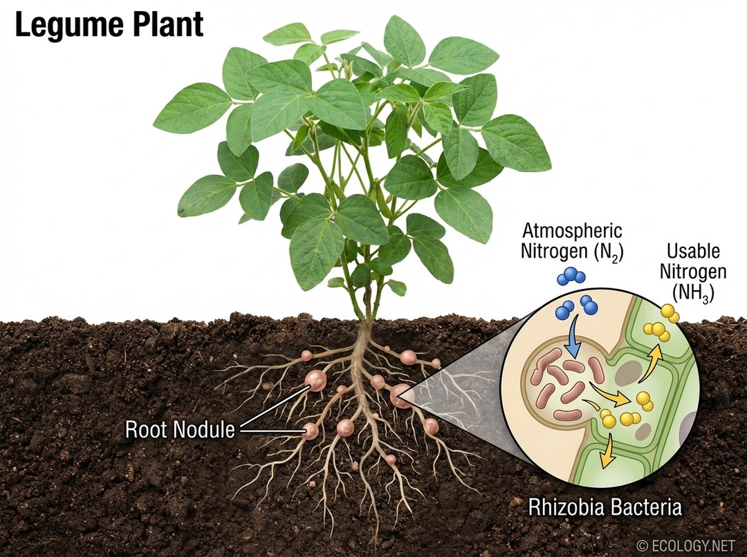 Photo-realistic image of a legume plant with a cutaway root revealing nodules containing rhizobia bacteria converting atmospheric nitrogen into usable nitrogen.
