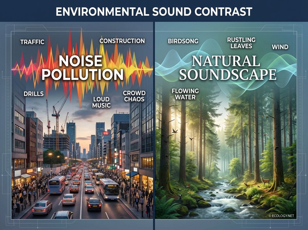 Illustrative diagram contrasting a noisy urban environment with a quiet natural forest, defining noise pollution.