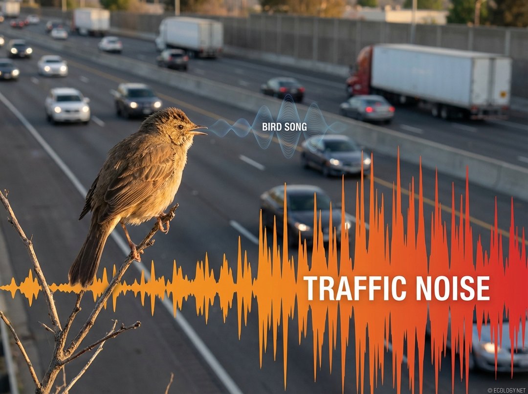 A songbird near a busy highway struggles to be heard over loud traffic noise, illustrating communication interference.