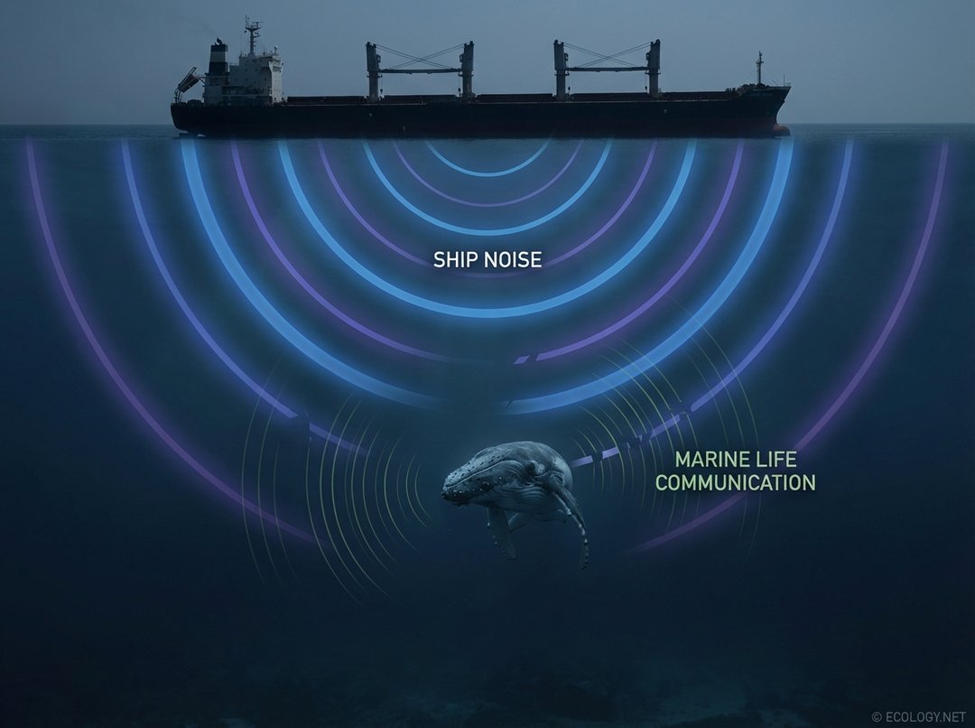 A disoriented whale is overwhelmed by powerful ship noise in a dark underwater scene, depicting marine noise pollution.