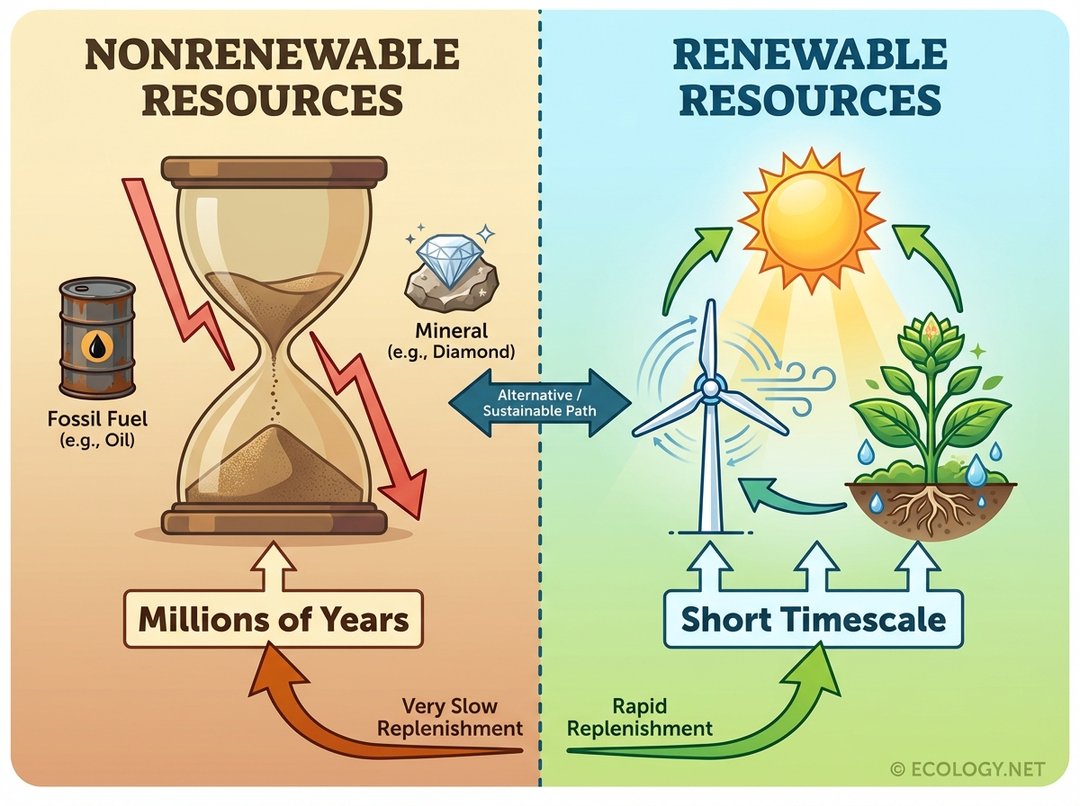 An illustrative diagram contrasting nonrenewable resources (hourglass, fossil fuel, mineral, 'Millions of Years') with renewable resources (sun, wind turbine, plant, 'Short Timescale').