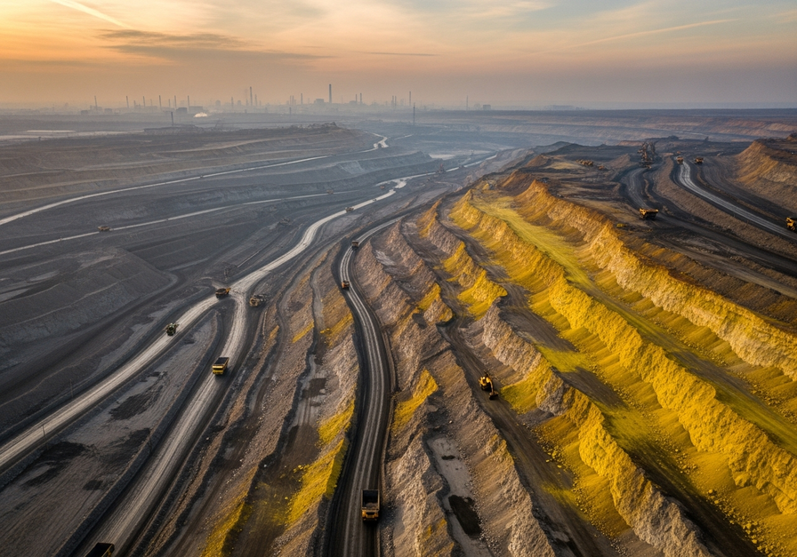 A vast open-pit coal mine showing exposed yellow coal seams and scarred earth under a smoggy sky.