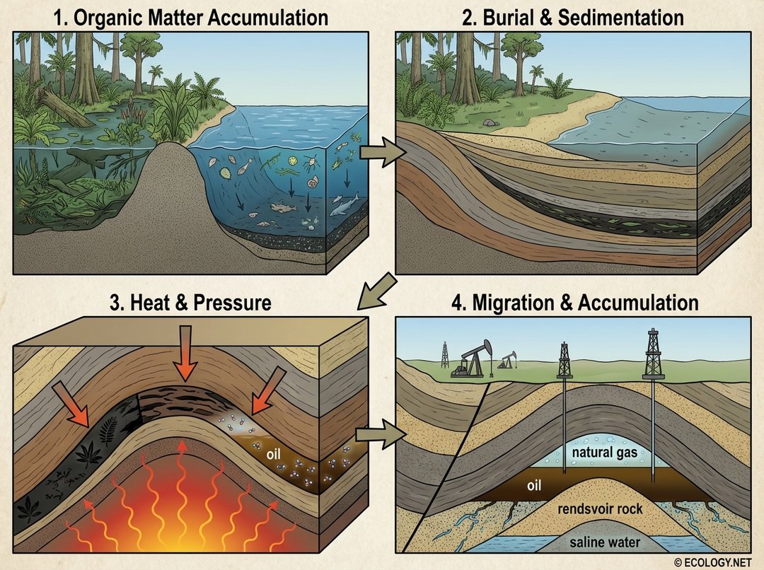 A four-step diagram illustrating fossil fuel formation: 1. Organic Matter Accumulation, 2. Burial & Sedimentation, 3. Heat & Pressure, 4. Migration & Accumulation.