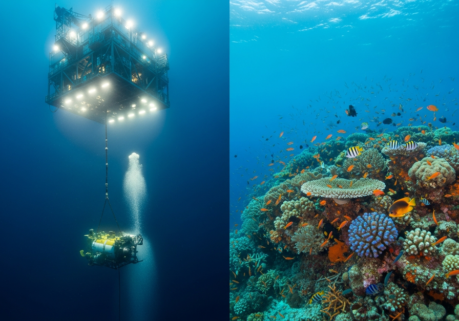 A split image contrasting a deep-sea mining rig extracting blackrock with a vibrant, untouched coral reef.